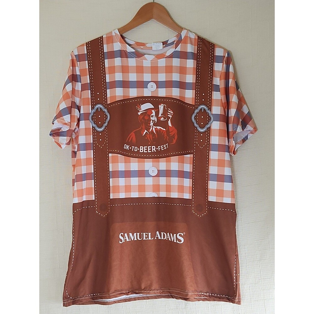 Samuel Adams Ok-To-Beer-Fest Lederhosen Orange Check Polyester T-Shirt, Size L